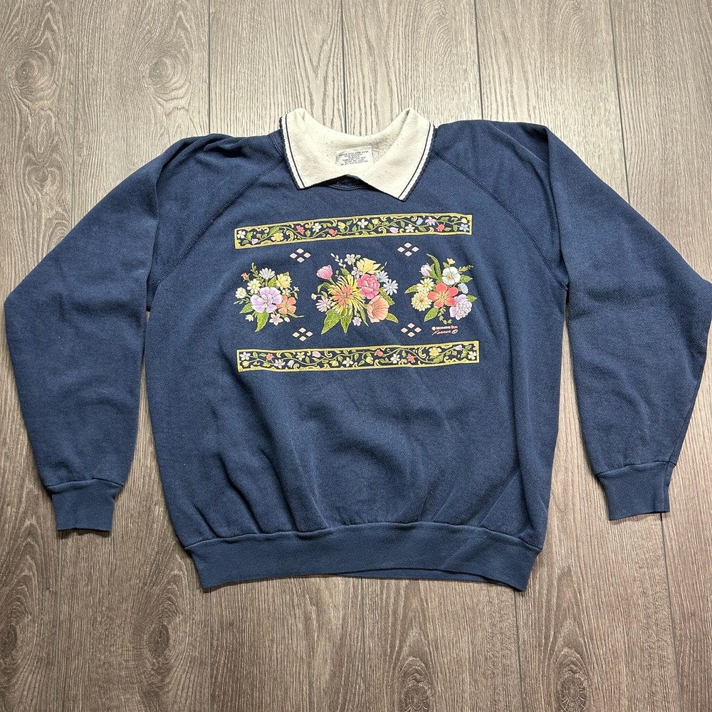 Vintage Morning Sun Floral Sweatshirt Navy Blue Collared Pullover XL Made in USA